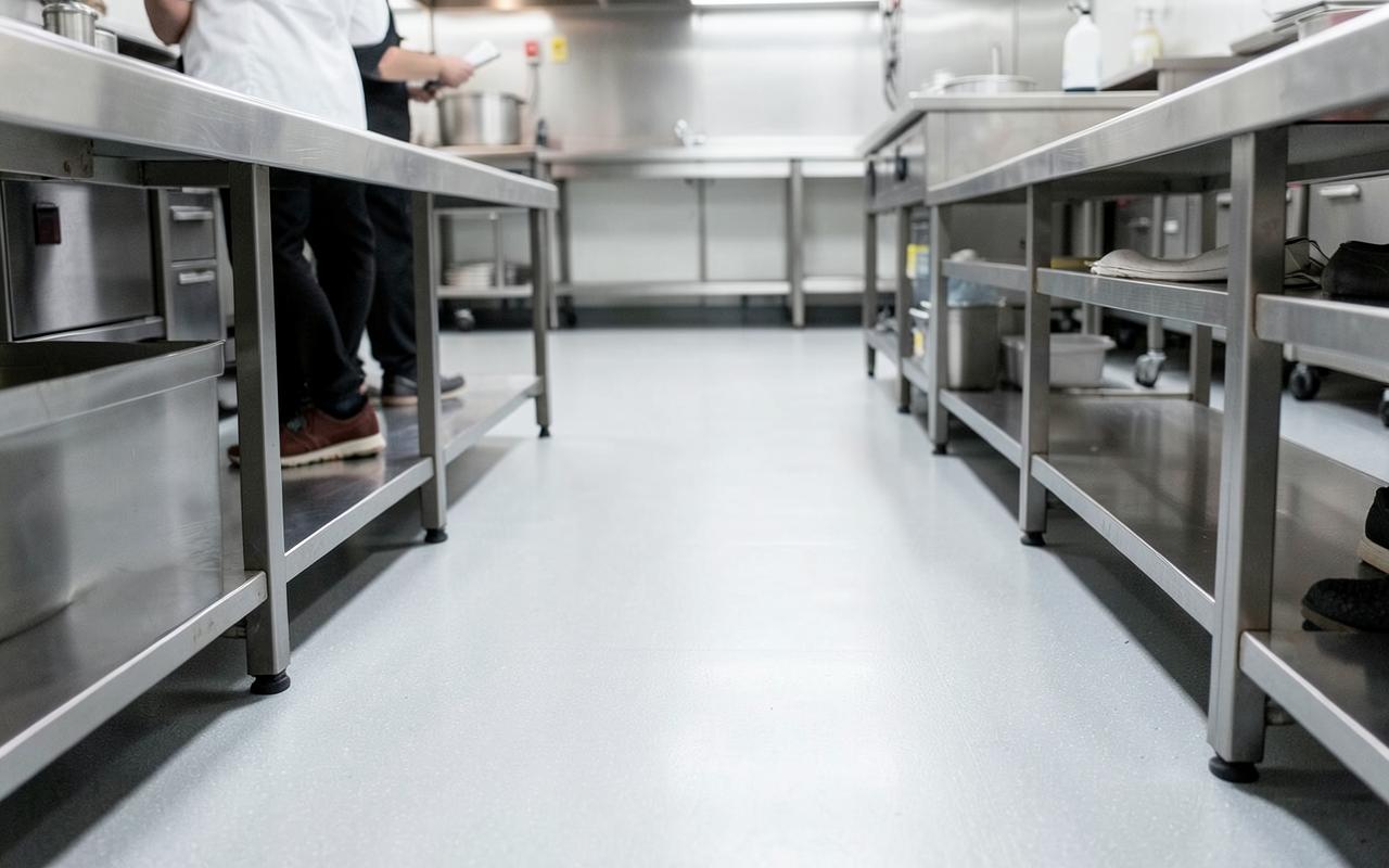 Non-slip vinyl flooring in a stainless steel commercial kitchen