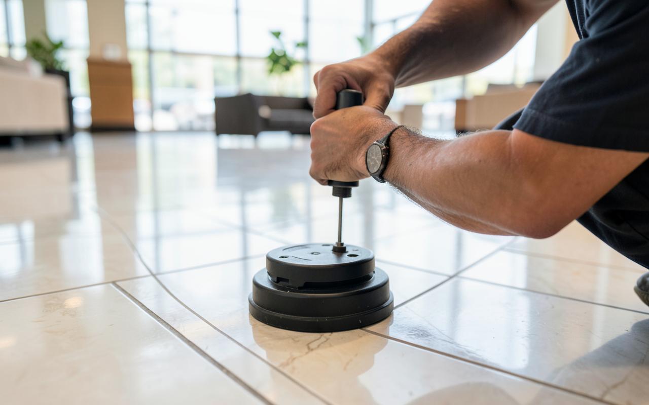 Technician performing a pendulum slip resistance test on polished tiles in a building lobby