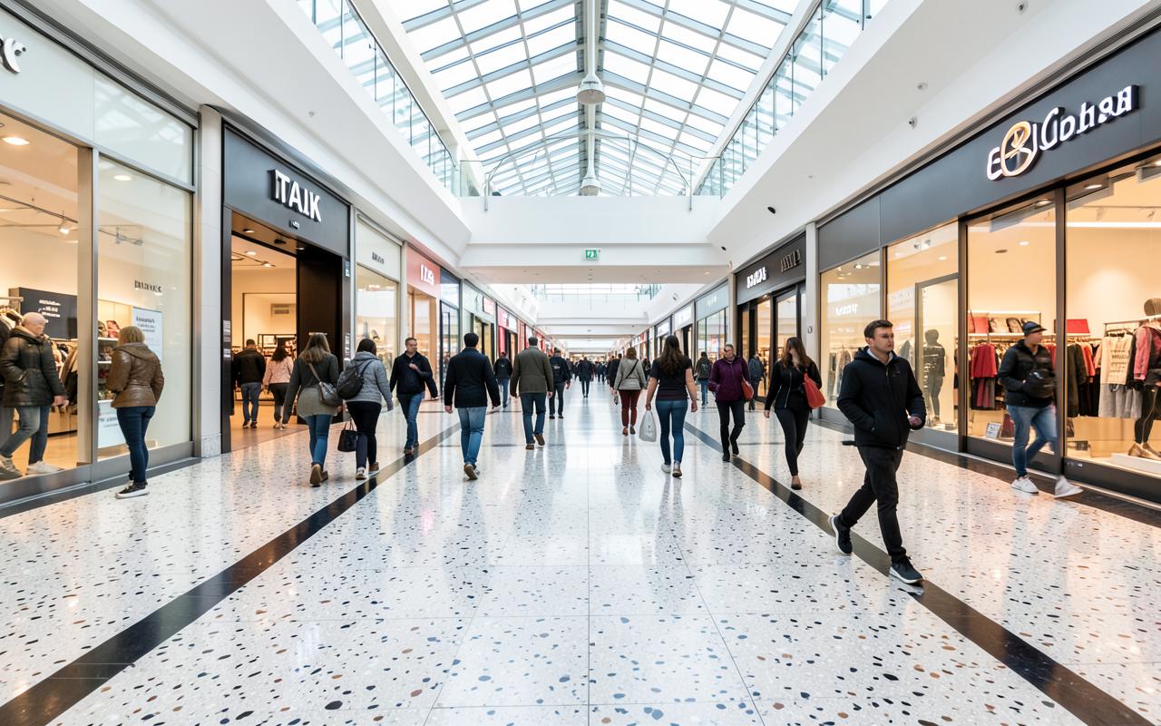 Shoppers walking on terrazzo flooring in a bright shopping centre concourse