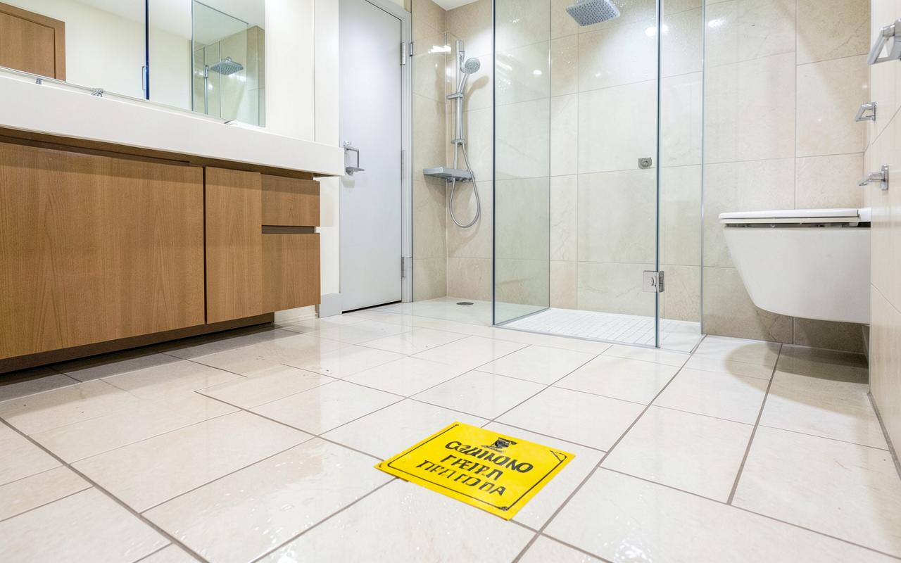 Wet tiled hotel bathroom floor with a yellow caution sign